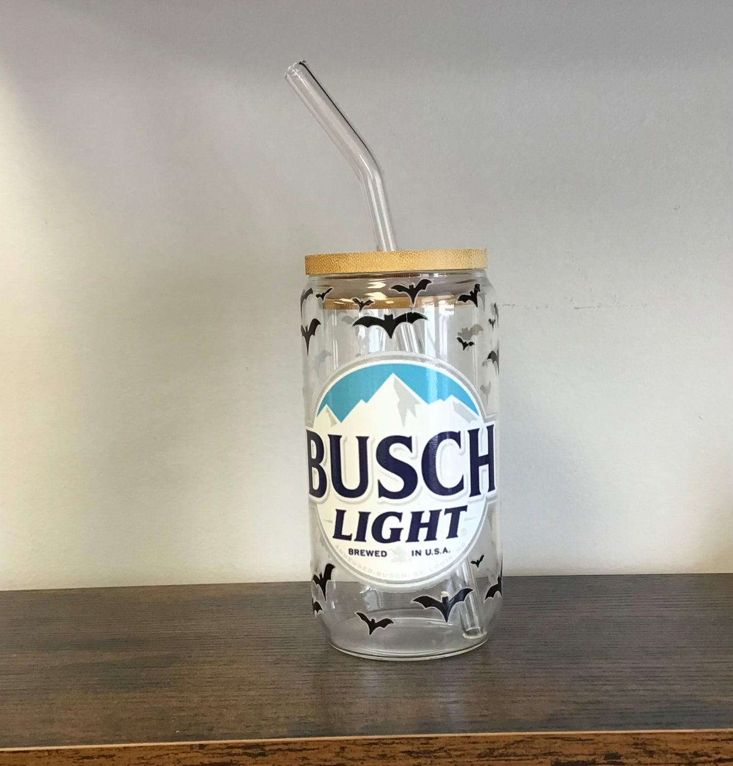 Busch Light bats, glass cup