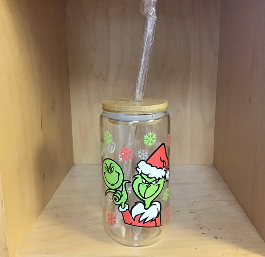 Grinch Glass Cup red and green snowflakes