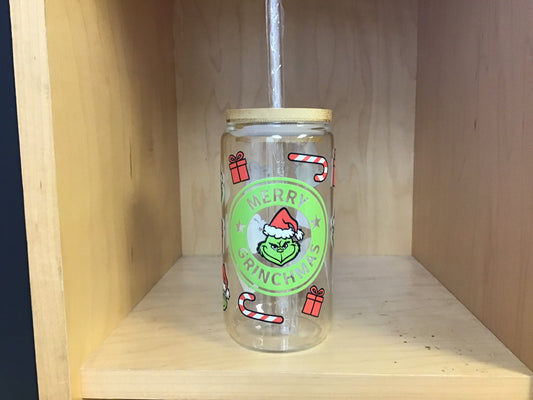 Merry Grinchmas Glass Cup , candy cane and presents